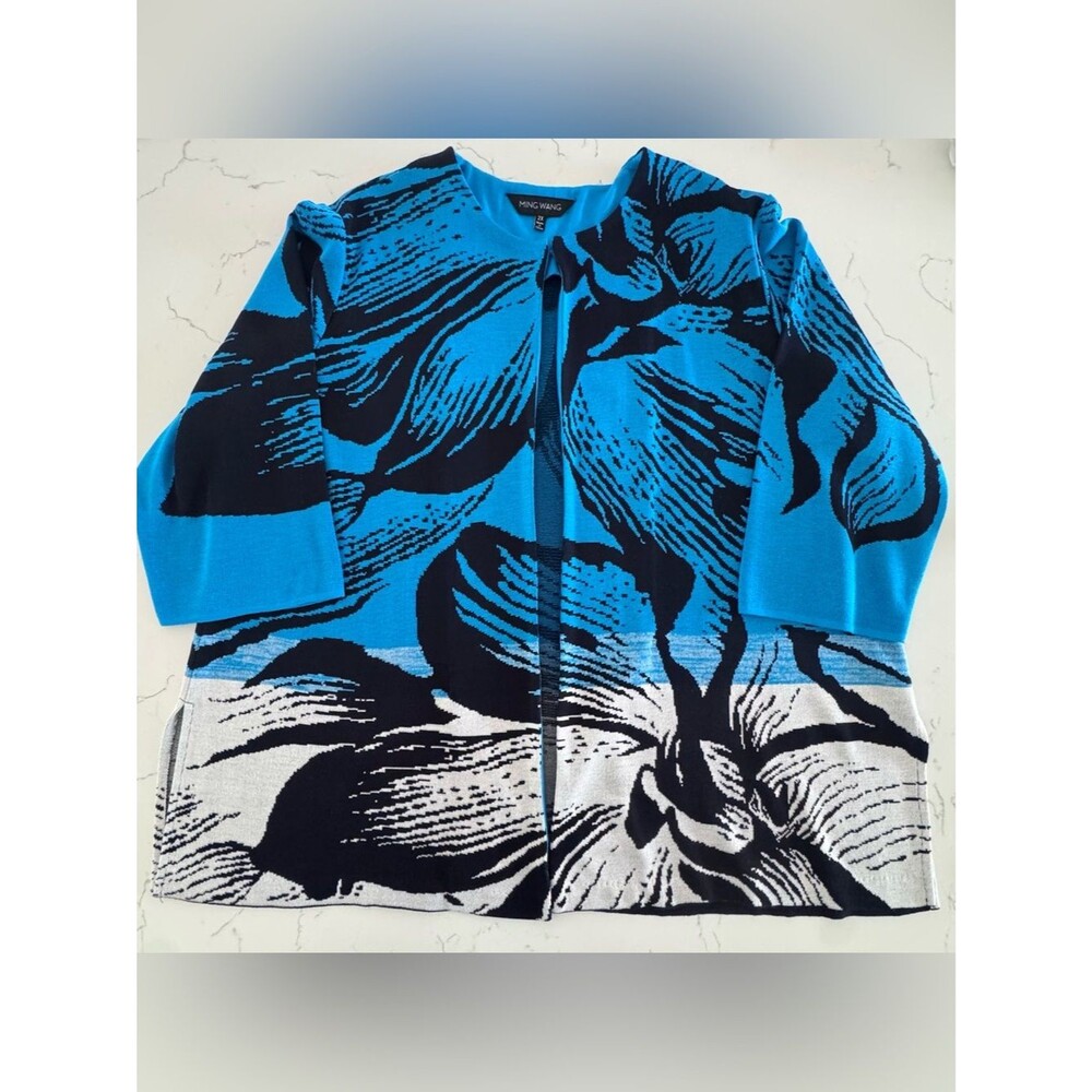 Ming Wang 2X Floral Knit Jacket Cardigan Blue Black Ivory Plus Size Workwear